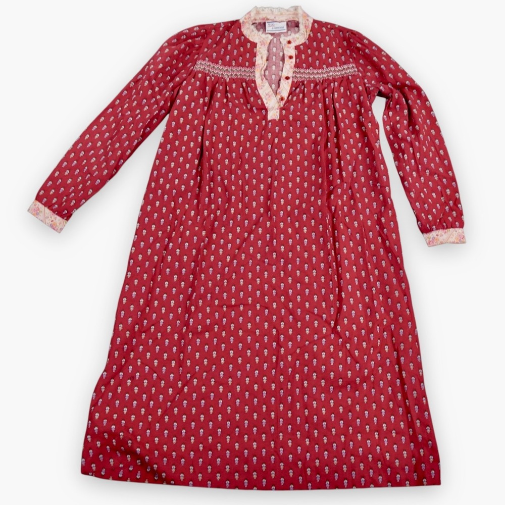 VTG Avon Fashions Nightgown Womens 7 8‎ Red Floral Cottagecore Lace Trim Prairie